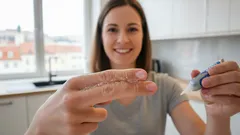 Žena v kuchyni aplikuje kapky na prst, detailní záběr na ruce a pipetu.