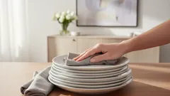 Ruční utírání čistých talířů utěrkou na dřevěném stole v moderní kuchyni.